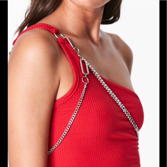 Emma & Sam Tops - Red One Shoulder Tank with Crossbody Chain
